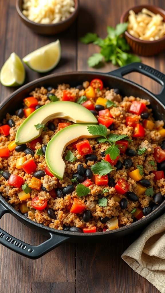 A colorful skillet of Mexican turkey quinoa with black beans, tomatoes, and bell peppers, garnished with cilantro and avocado.